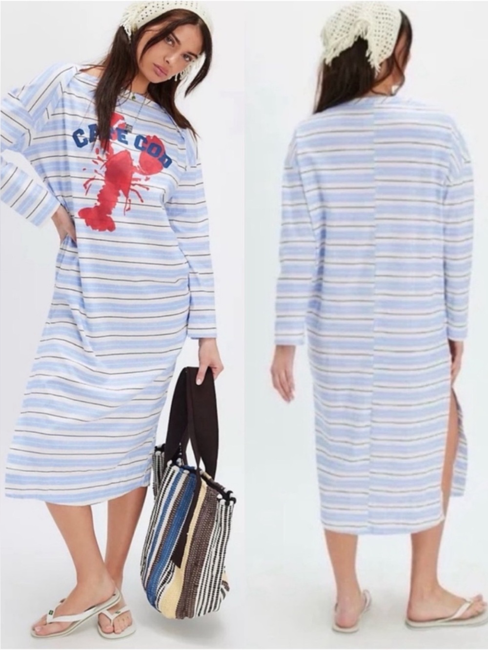 Free People Light Blue Striped Long-Sleeve dress with Red Lobster Print